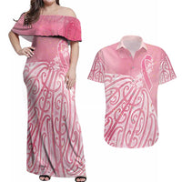 Breast Cancer Awareness Maori Couples Matching Off Shoulder Maxi Dress and Hawaiian Shirt Kia Kaha Kia Maia Kia Manawanui - Polynesian Pride