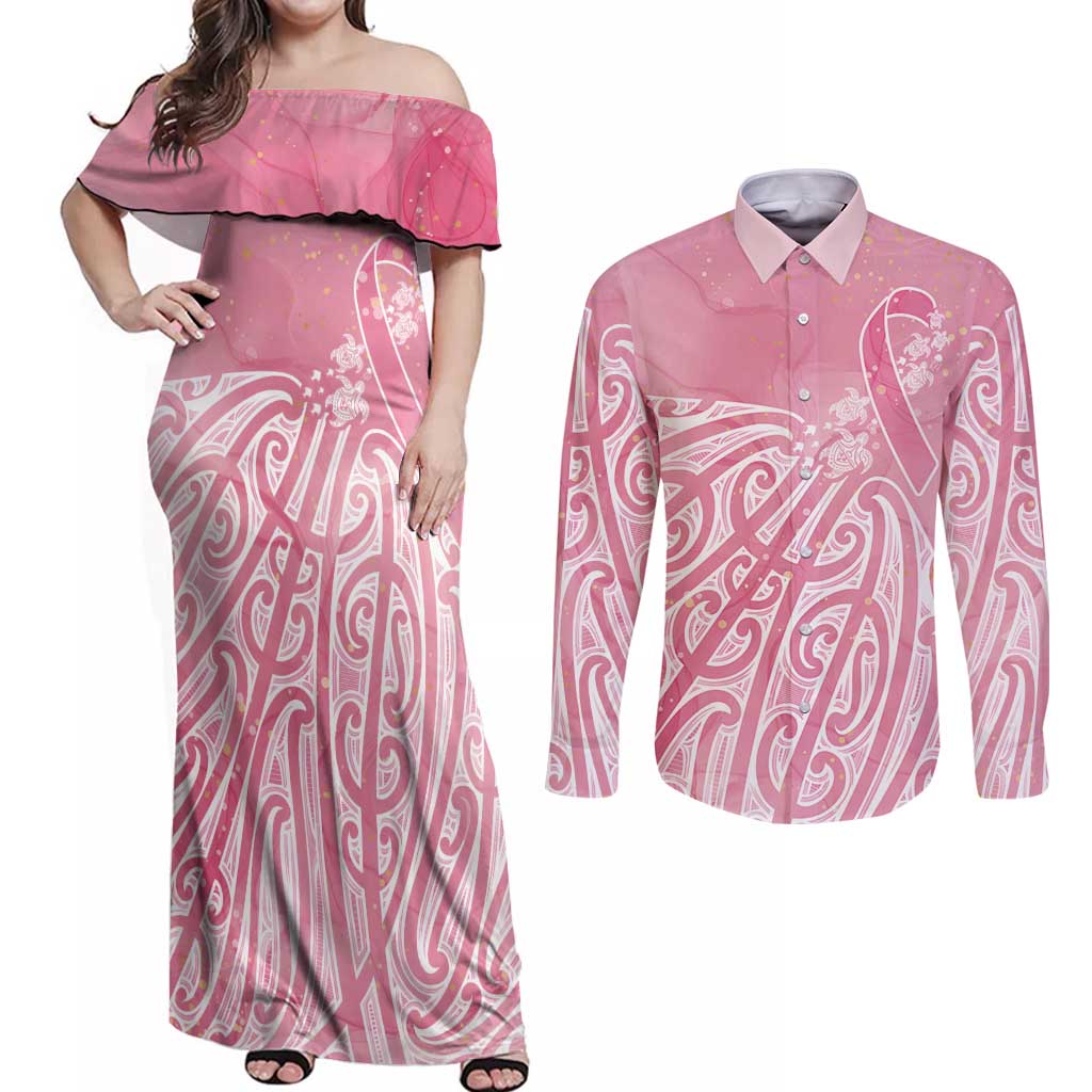 Breast Cancer Awareness Maori Couples Matching Off Shoulder Maxi Dress and Long Sleeve Button Shirt Kia Kaha Kia Maia Kia Manawanui - Polynesian Pride