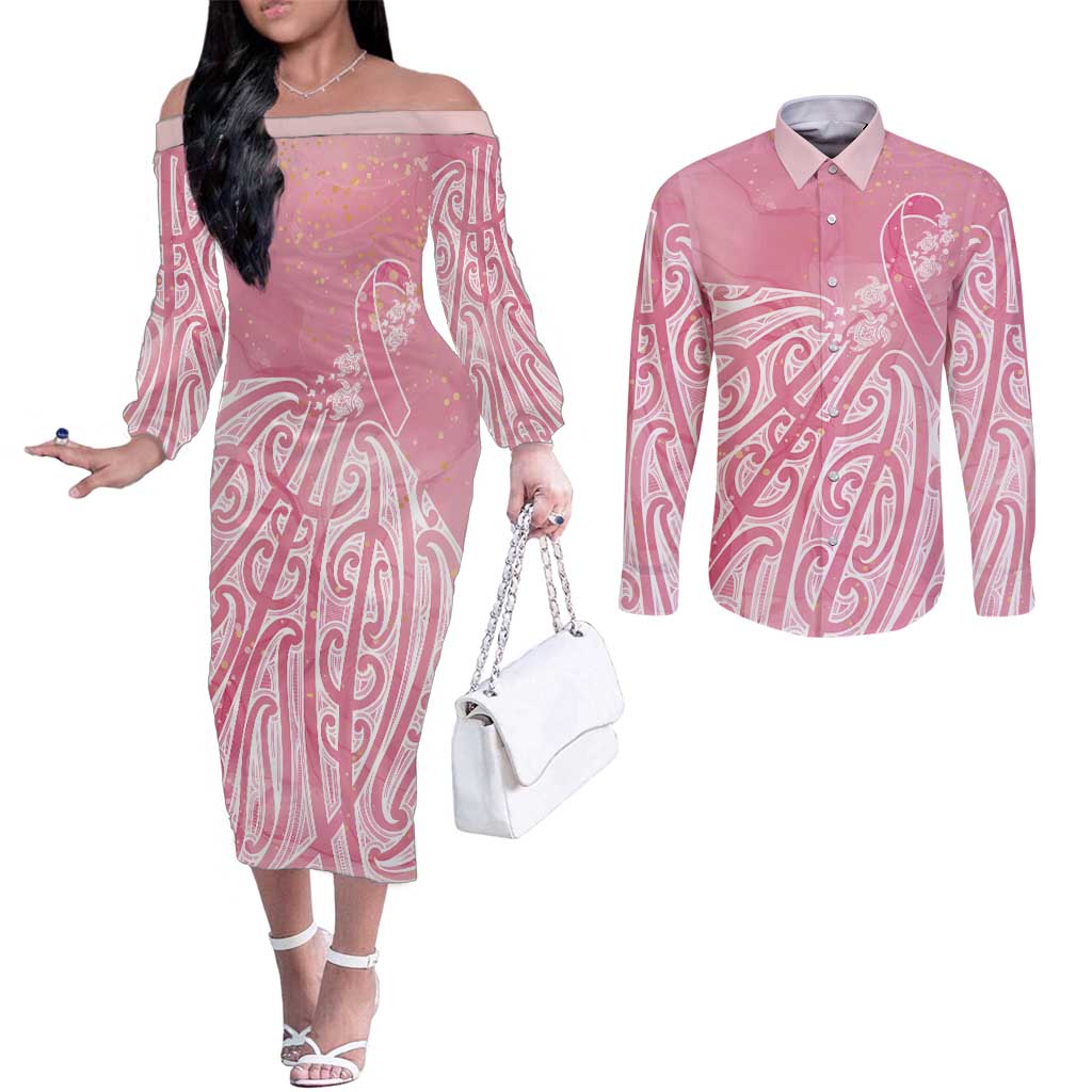 Breast Cancer Awareness Maori Couples Matching Off The Shoulder Long Sleeve Dress and Long Sleeve Button Shirt Kia Kaha Kia Maia Kia Manawanui - Polynesian Pride