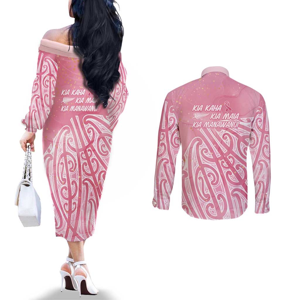 Breast Cancer Awareness Maori Couples Matching Off The Shoulder Long Sleeve Dress and Long Sleeve Button Shirt Kia Kaha Kia Maia Kia Manawanui - Polynesian Pride