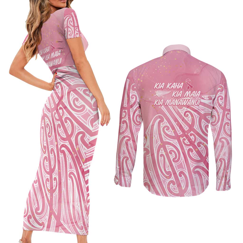 Breast Cancer Awareness Maori Couples Matching Short Sleeve Bodycon Dress and Long Sleeve Button Shirt Kia Kaha Kia Maia Kia Manawanui - Polynesian Pride
