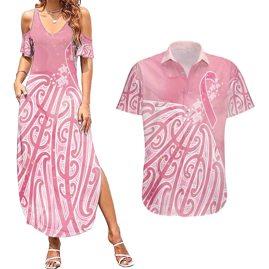 Breast Cancer Awareness Maori Couples Matching Summer Maxi Dress and Hawaiian Shirt Kia Kaha Kia Maia Kia Manawanui - Polynesian Pride