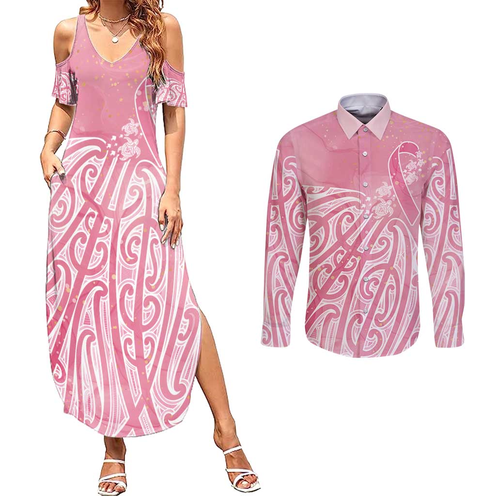 Breast Cancer Awareness Maori Couples Matching Summer Maxi Dress and Long Sleeve Button Shirt Kia Kaha Kia Maia Kia Manawanui - Polynesian Pride