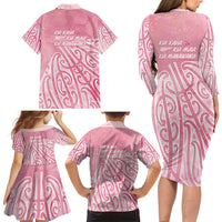 Breast Cancer Awareness Maori Family Matching Long Sleeve Bodycon Dress and Hawaiian Shirt Kia Kaha Kia Maia Kia Manawanui - Polynesian Pride