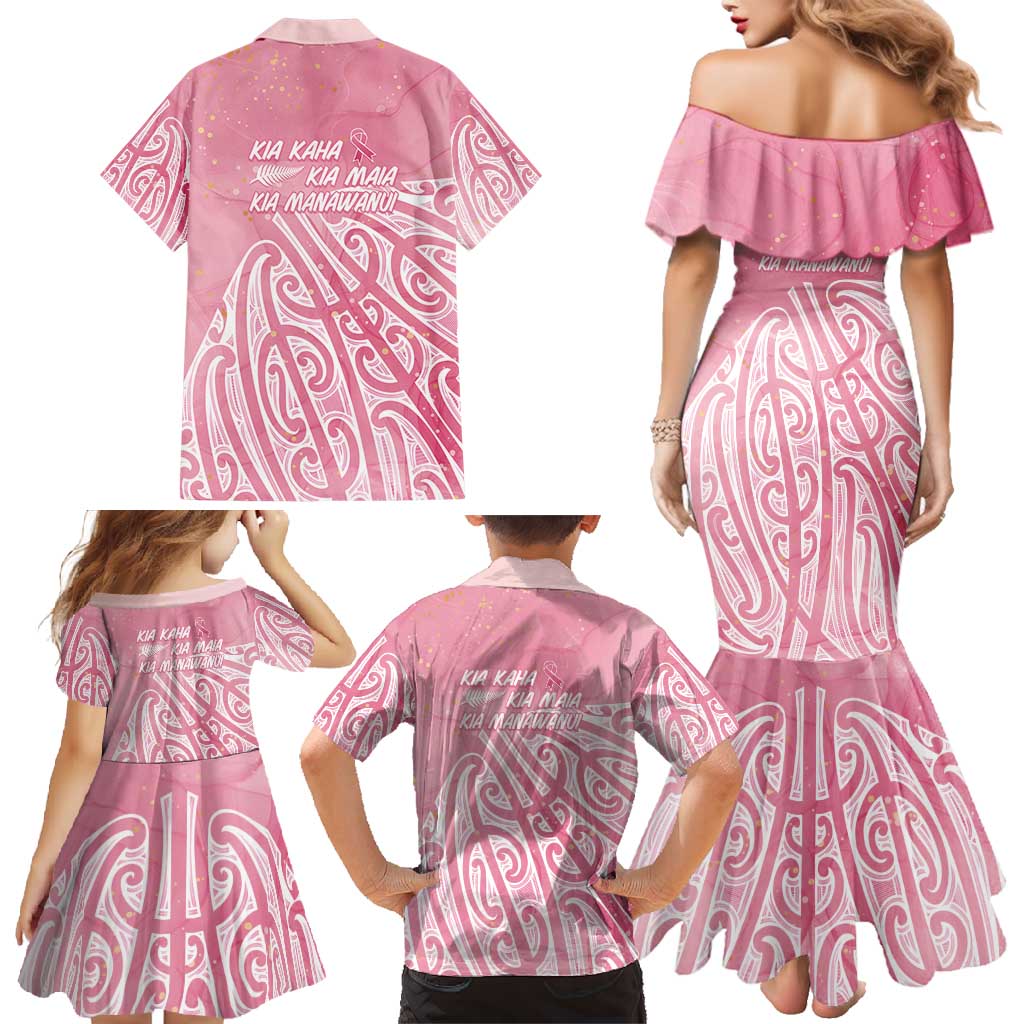 Breast Cancer Awareness Maori Family Matching Mermaid Dress and Hawaiian Shirt Kia Kaha Kia Maia Kia Manawanui - Polynesian Pride