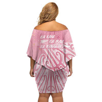 Breast Cancer Awareness Maori Family Matching Off Shoulder Short Dress and Hawaiian Shirt Kia Kaha Kia Maia Kia Manawanui - Polynesian Pride