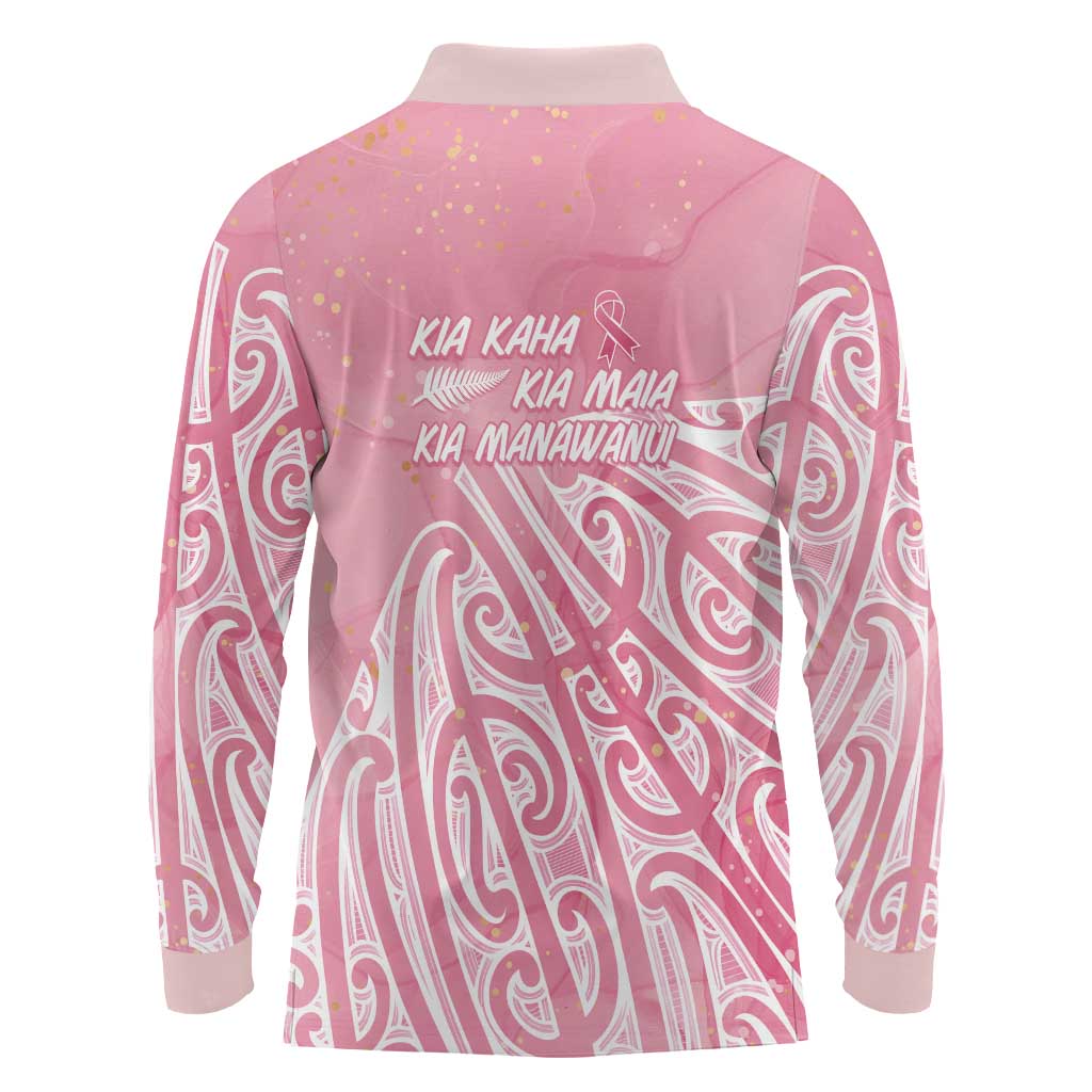 Breast Cancer Awareness Maori Long Sleeve Polo Shirt Kia Kaha Kia Maia Kia Manawanui - Polynesian Pride