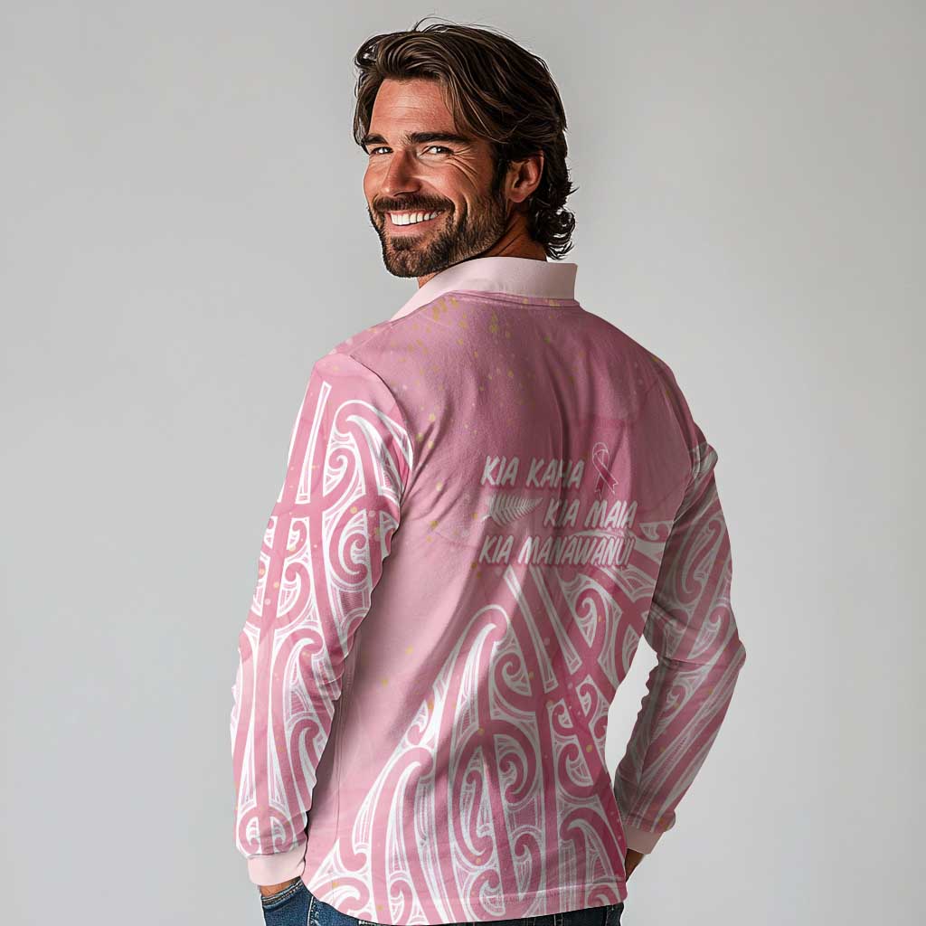Breast Cancer Awareness Maori Long Sleeve Polo Shirt Kia Kaha Kia Maia Kia Manawanui - Polynesian Pride