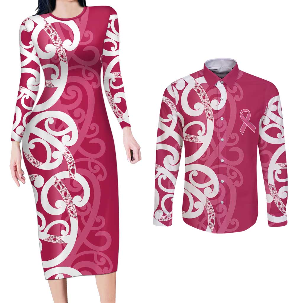 Breast Cancer Awareness Maori Couples Matching Long Sleeve Bodycon Dress and Long Sleeve Button Shirt Koru Kowhaiwhai - Polynesian Pride