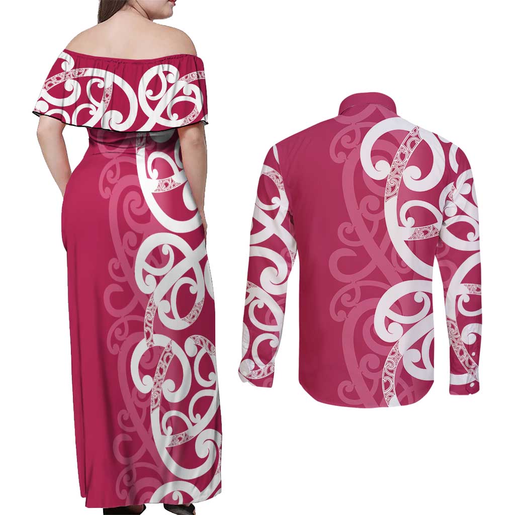 Breast Cancer Awareness Maori Couples Matching Off Shoulder Maxi Dress and Long Sleeve Button Shirt Koru Kowhaiwhai - Polynesian Pride
