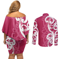 Breast Cancer Awareness Maori Couples Matching Off Shoulder Short Dress and Long Sleeve Button Shirt Koru Kowhaiwhai - Polynesian Pride