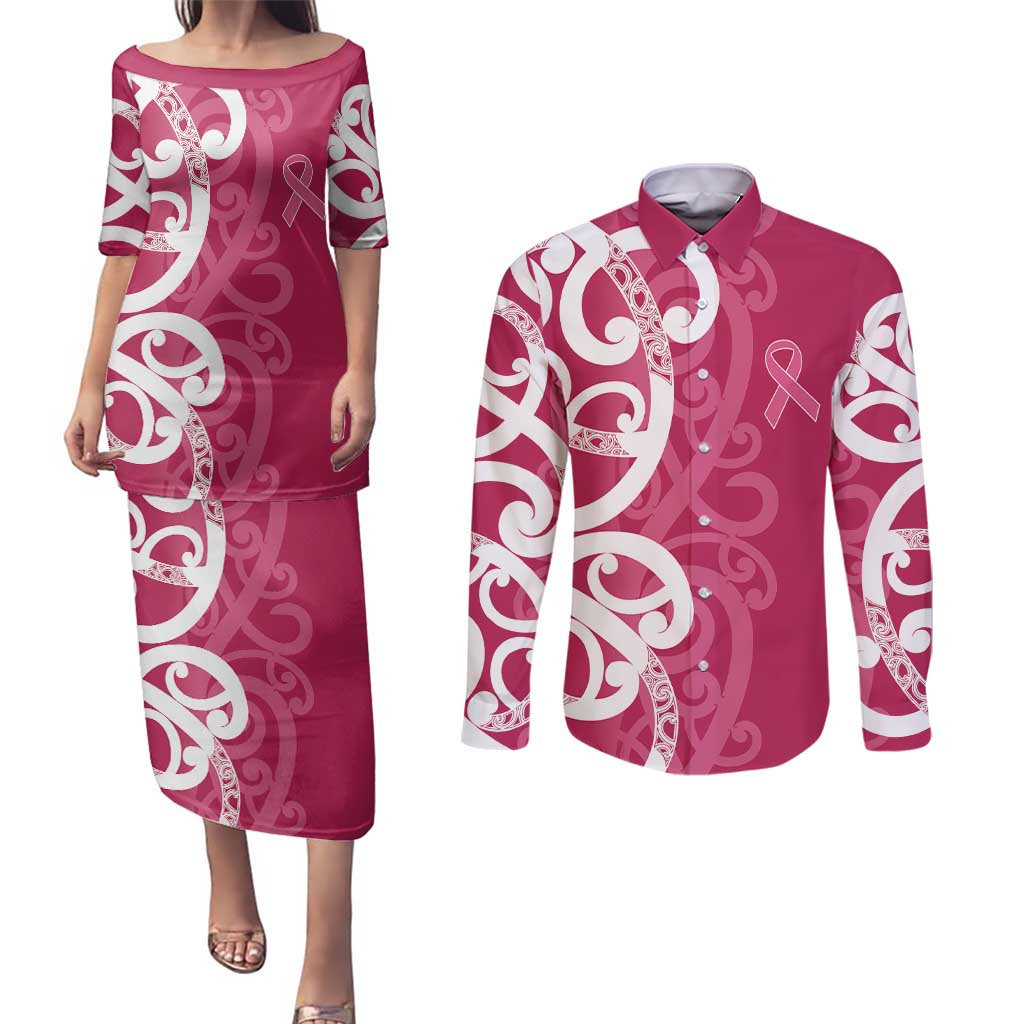 Breast Cancer Awareness Maori Couples Matching Puletasi and Long Sleeve Button Shirt Koru Kowhaiwhai - Polynesian Pride