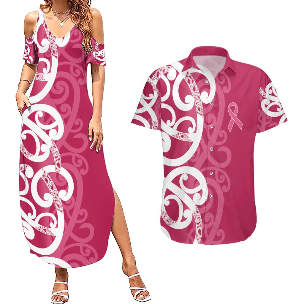 Breast Cancer Awareness Maori Couples Matching Summer Maxi Dress and Hawaiian Shirt Koru Kowhaiwhai - Polynesian Pride