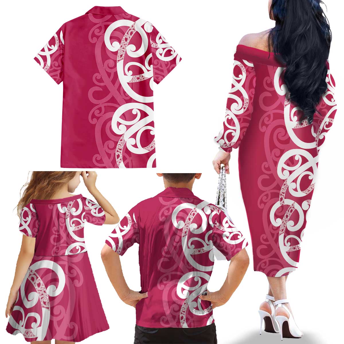 Breast Cancer Awareness Maori Family Matching Off The Shoulder Long Sleeve Dress and Hawaiian Shirt Koru Kowhaiwhai - Polynesian Pride