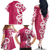 Breast Cancer Awareness Maori Family Matching Off The Shoulder Long Sleeve Dress and Hawaiian Shirt Koru Kowhaiwhai - Polynesian Pride