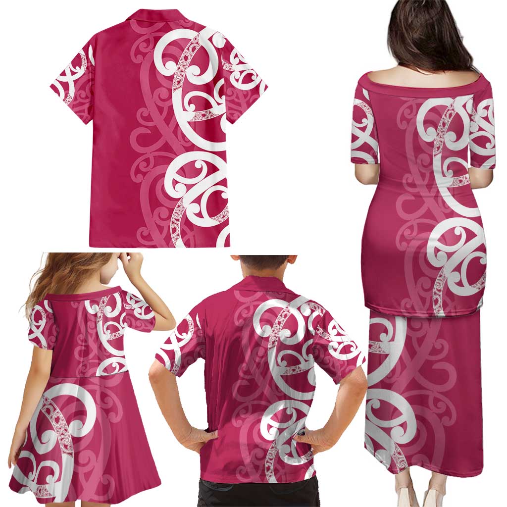 Breast Cancer Awareness Maori Family Matching Puletasi and Hawaiian Shirt Koru Kowhaiwhai - Polynesian Pride