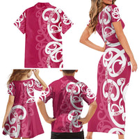 Breast Cancer Awareness Maori Family Matching Short Sleeve Bodycon Dress and Hawaiian Shirt Koru Kowhaiwhai - Polynesian Pride