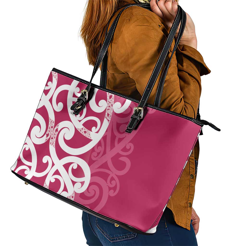 Breast Cancer Awareness Maori Leather Tote Bag Koru Kowhaiwhai - Polynesian Pride
