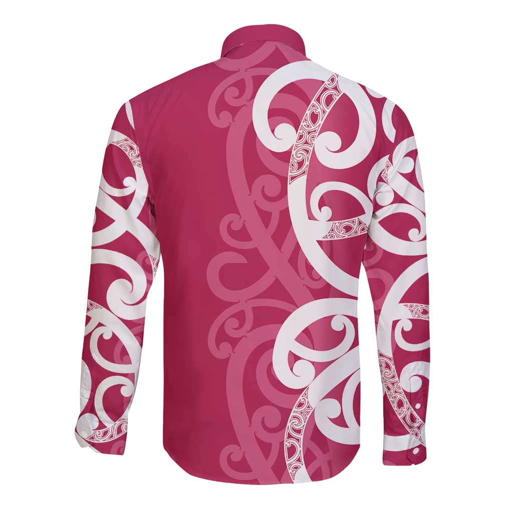 Breast Cancer Awareness Maori Long Sleeve Button Shirt Koru Kowhaiwhai - Polynesian Pride