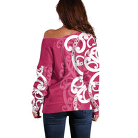 Breast Cancer Awareness Maori Off Shoulder Sweater Koru Kowhaiwhai - Polynesian Pride