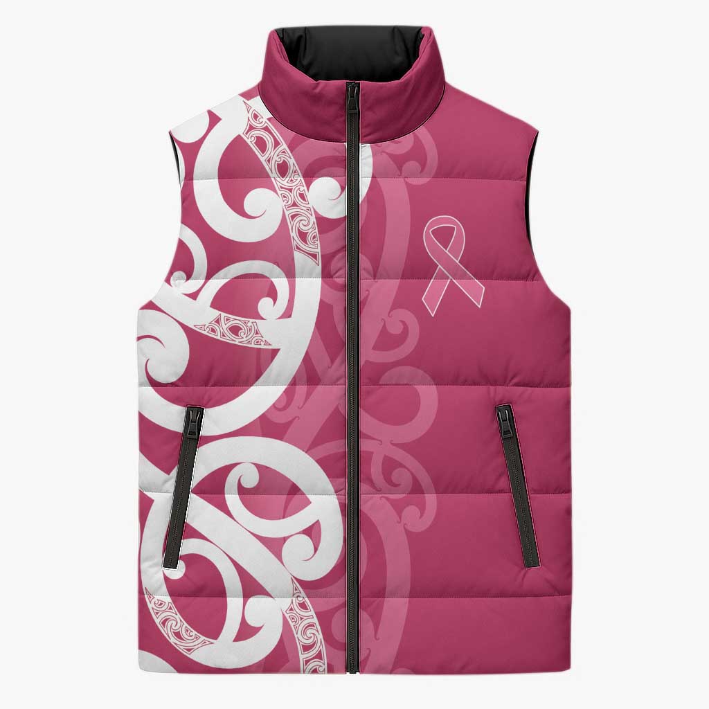 Breast Cancer Awareness Maori Sleeveless Puffer Jacket Koru Kowhaiwhai - Polynesian Pride