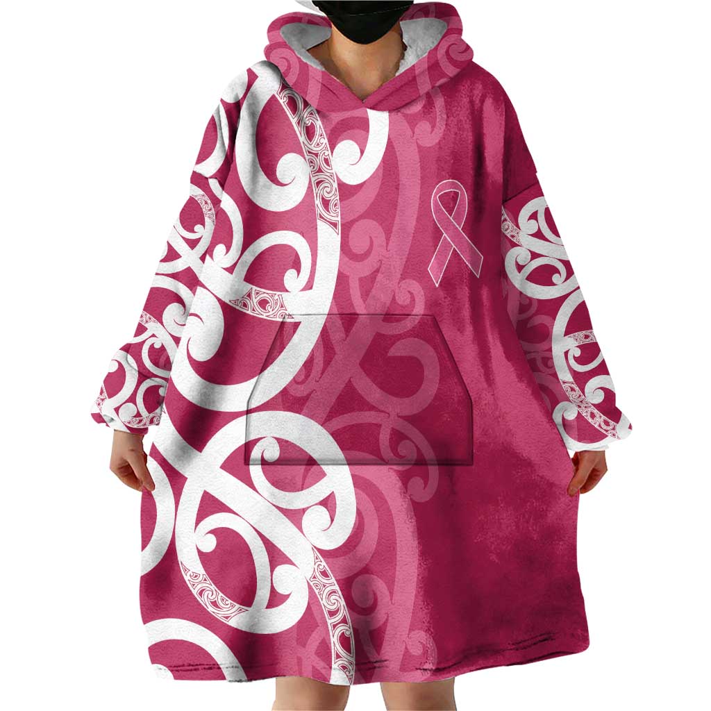 Breast Cancer Awareness Maori Wearable Blanket Hoodie Koru Kowhaiwhai - Polynesian Pride