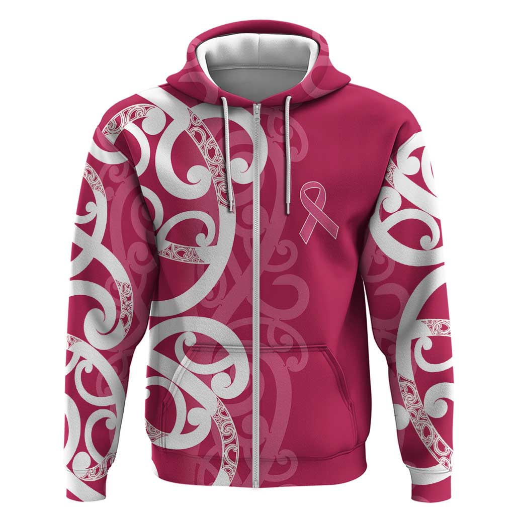 Breast Cancer Awareness Maori Zip Hoodie Koru Kowhaiwhai - Polynesian Pride