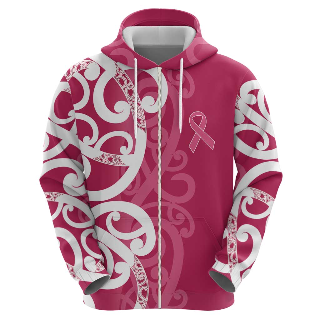 Breast Cancer Awareness Maori Zip Hoodie Koru Kowhaiwhai - Polynesian Pride