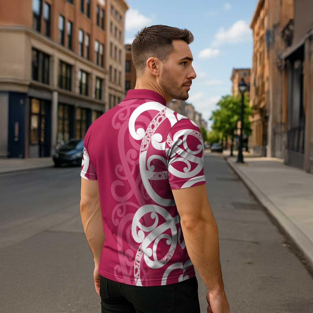 Breast Cancer Awareness Maori Zipper Polo Shirt Koru Kowhaiwhai - Polynesian Pride