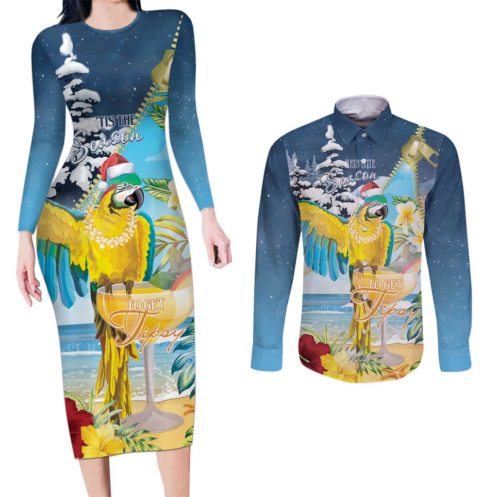 Funny Tropical Christmas Couples Matching Long Sleeve Bodycon Dress and Long Sleeve Button Shirt Tis The Season To Get Tipsy LT7 Colorful - Polynesian Pride