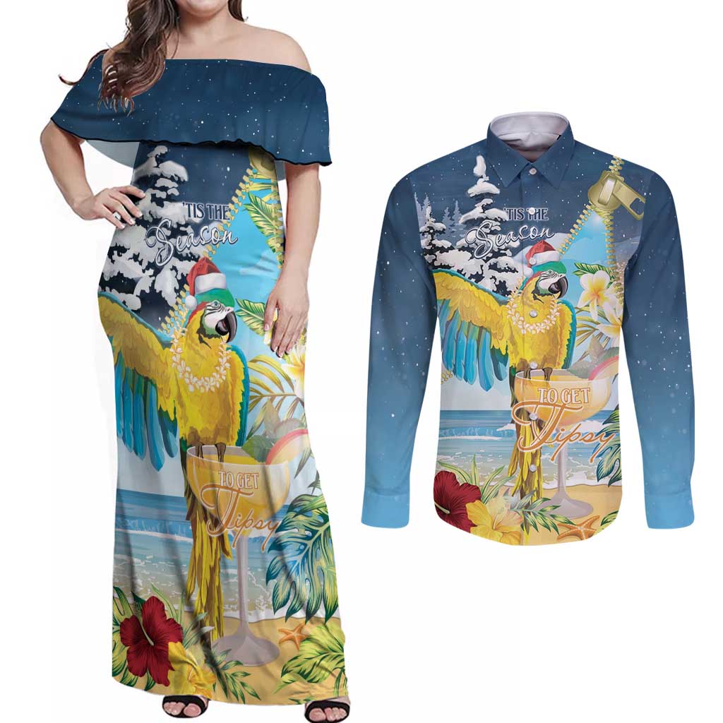 Funny Tropical Christmas Couples Matching Off Shoulder Maxi Dress and Long Sleeve Button Shirt Tis The Season To Get Tipsy LT7 Colorful - Polynesian Pride