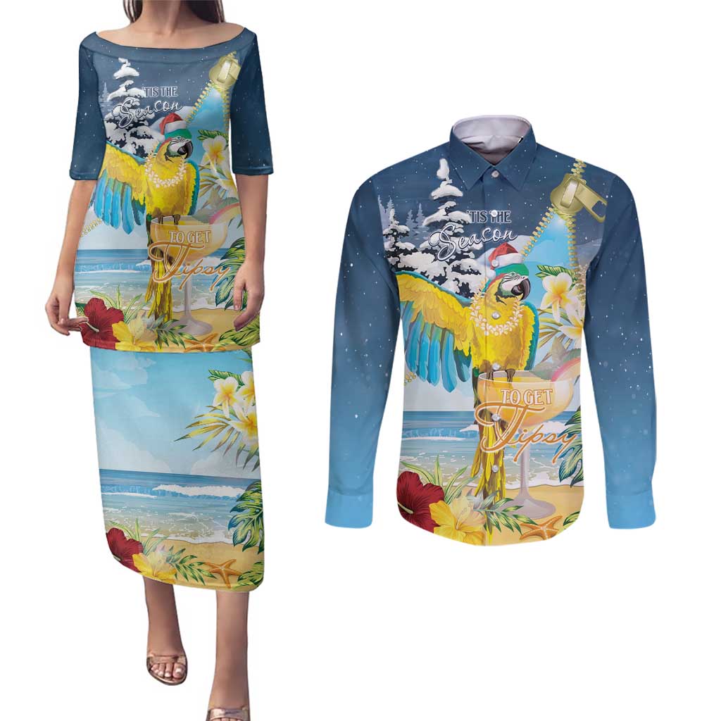 Funny Tropical Christmas Couples Matching Puletasi and Long Sleeve Button Shirt Tis The Season To Get Tipsy LT7 Colorful - Polynesian Pride