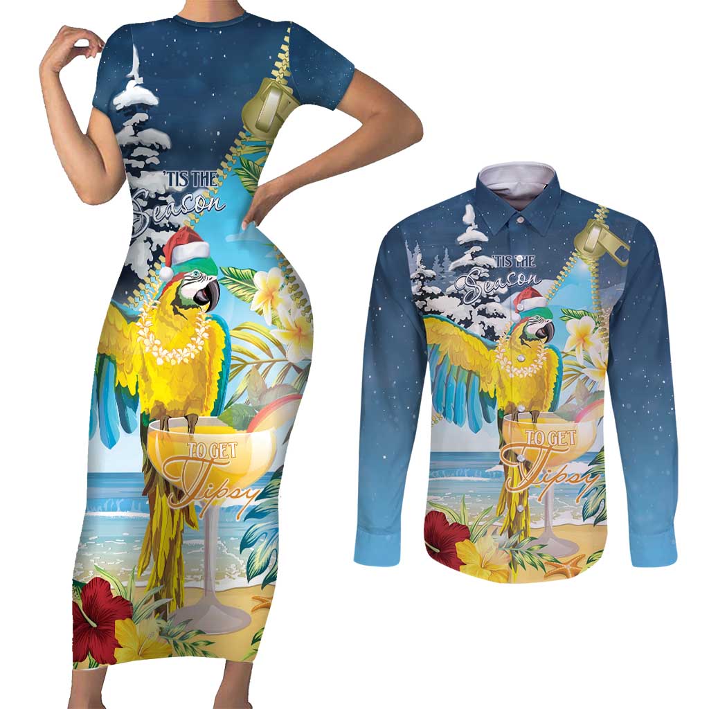Funny Tropical Christmas Couples Matching Short Sleeve Bodycon Dress and Long Sleeve Button Shirt Tis The Season To Get Tipsy LT7 Colorful - Polynesian Pride