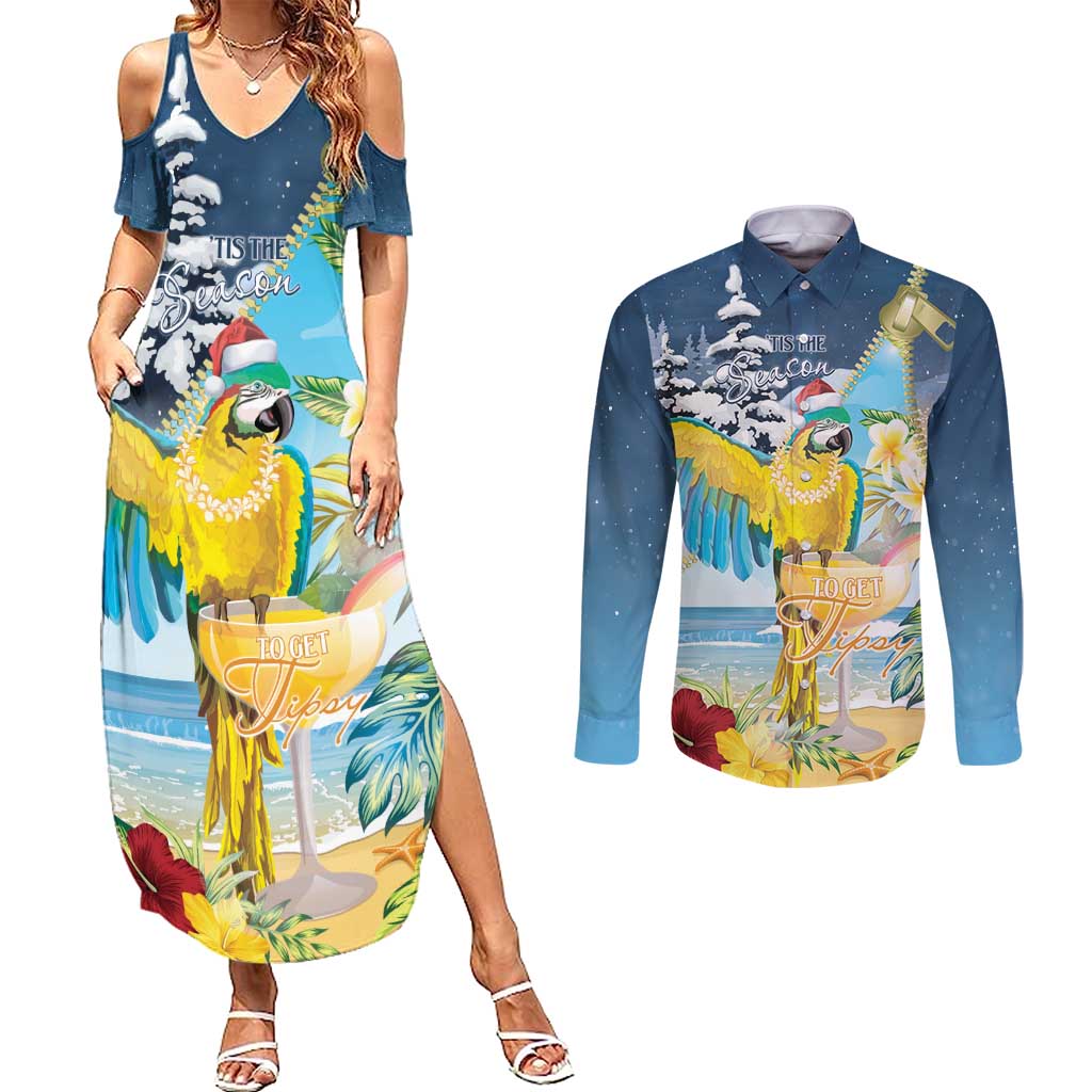 Funny Tropical Christmas Couples Matching Summer Maxi Dress and Long Sleeve Button Shirt Tis The Season To Get Tipsy LT7 Colorful - Polynesian Pride
