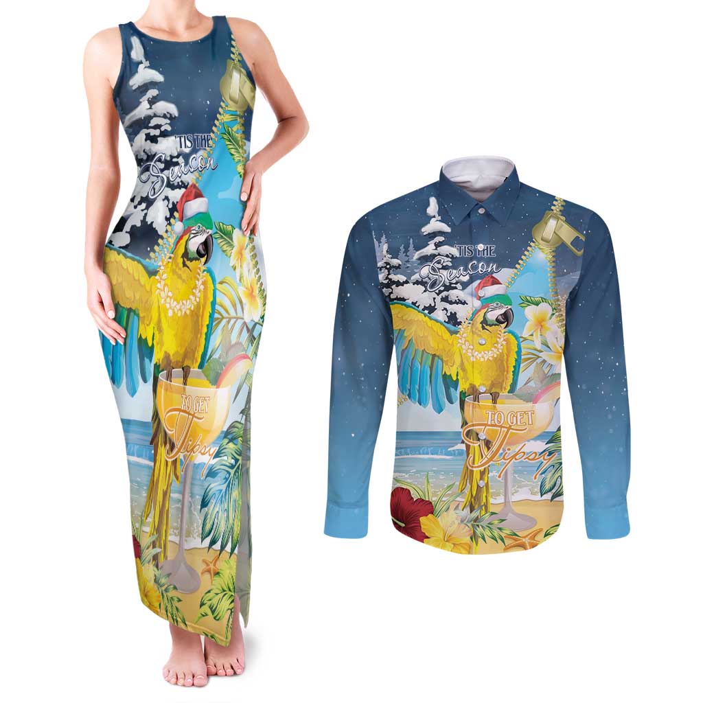 Funny Tropical Christmas Couples Matching Tank Maxi Dress and Long Sleeve Button Shirt Tis The Season To Get Tipsy LT7 Colorful - Polynesian Pride
