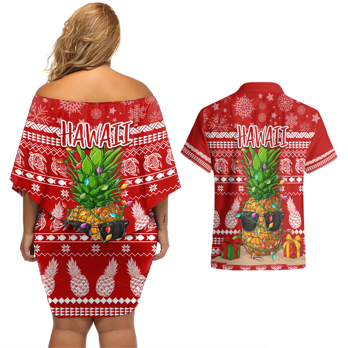 Hawaii Pineapple Christmas Couples Matching Off Shoulder Short Dress and Hawaiian Shirt Mele Kalikimaka LT7 - Polynesian Pride