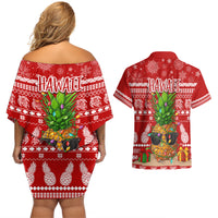 Hawaii Pineapple Christmas Couples Matching Off Shoulder Short Dress and Hawaiian Shirt Mele Kalikimaka LT7 - Polynesian Pride