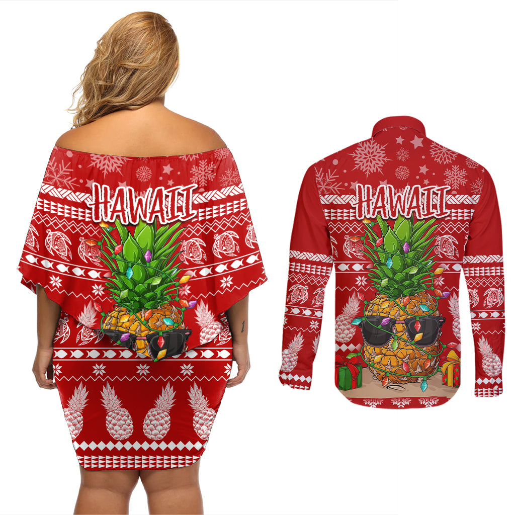 Hawaii Pineapple Christmas Couples Matching Off Shoulder Short Dress and Long Sleeve Button Shirt Mele Kalikimaka LT7 - Polynesian Pride