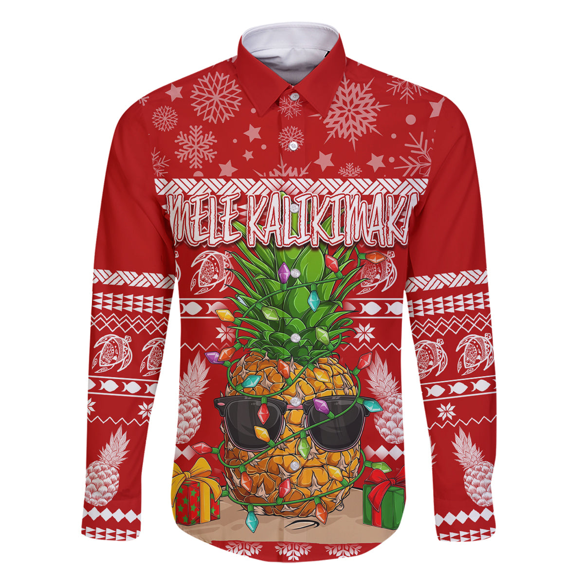 Hawaii Pineapple Christmas Family Matching Off Shoulder Maxi Dress and Hawaiian Shirt Mele Kalikimaka LT7 Dad's Shirt - Long Sleeve Red - Polynesian Pride