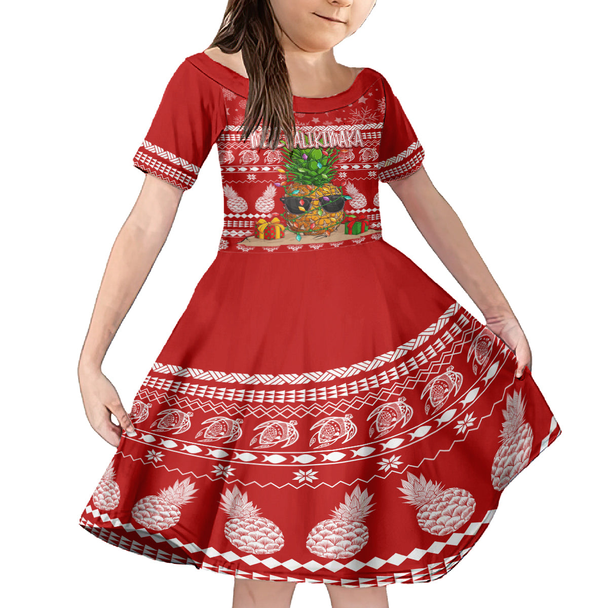 Hawaii Pineapple Christmas Family Matching Summer Maxi Dress and Hawaiian Shirt Mele Kalikimaka LT7 Daughter's Dress Red - Polynesian Pride