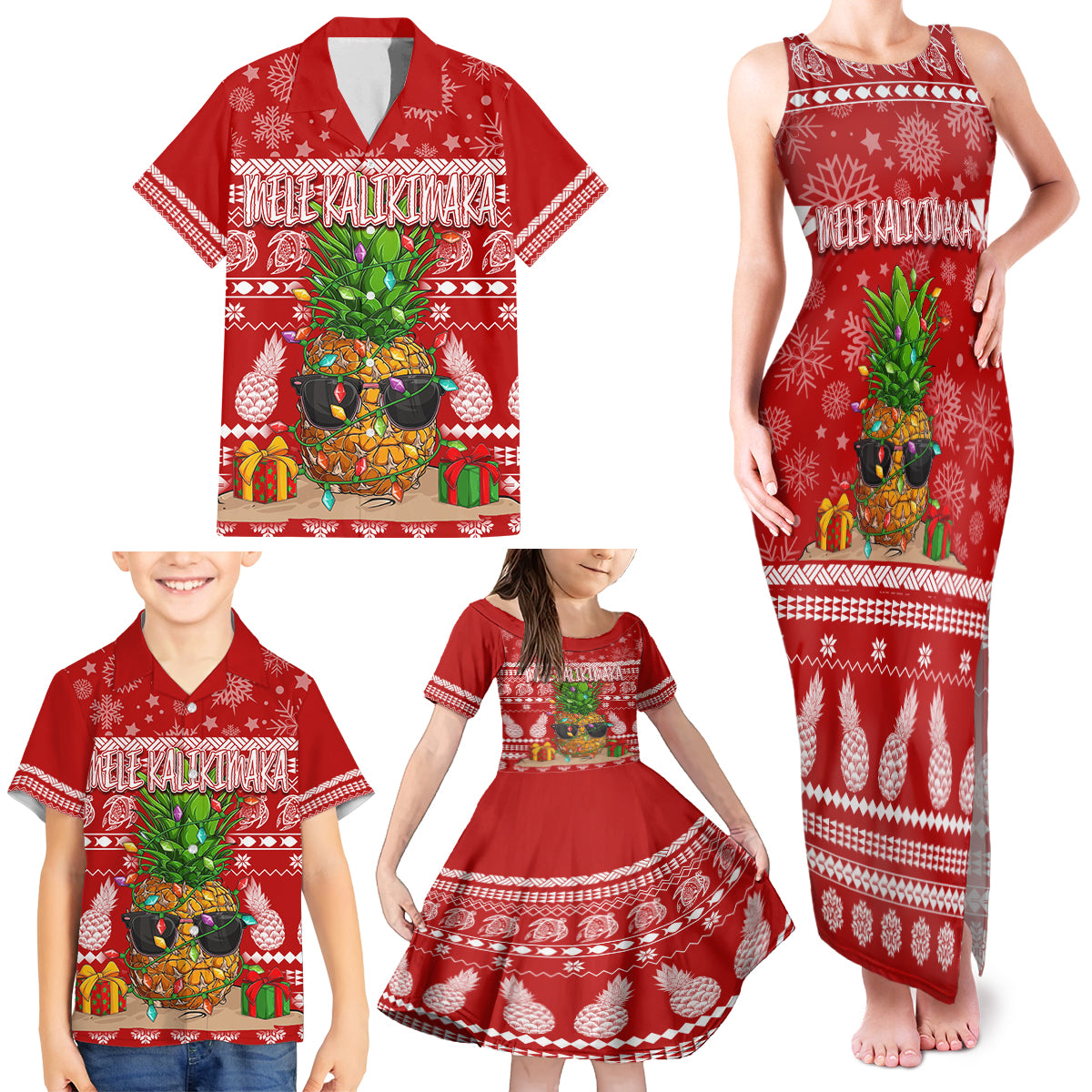 Hawaii Pineapple Christmas Family Matching Tank Maxi Dress and Hawaiian Shirt Mele Kalikimaka LT7 - Polynesian Pride
