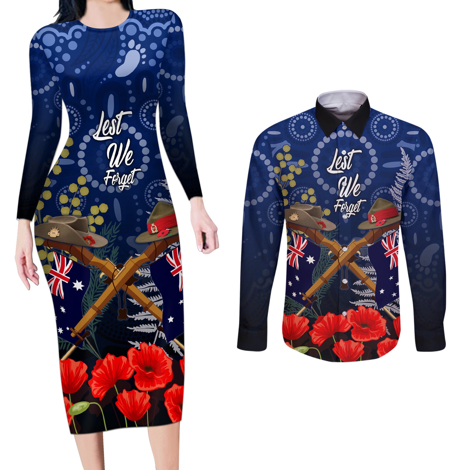 Anzac Couples Matching Long Sleeve Bodycon Dress and Long Sleeve Button Shirt Ausralia Aboriginal Mix New Zealand Slouch Hats LT7 Blue - Polynesian Pride