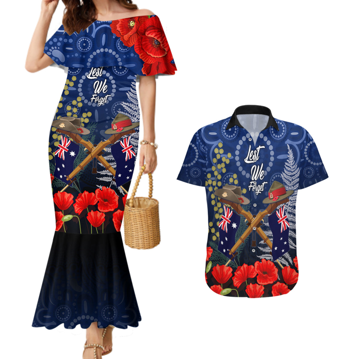 Anzac Couples Matching Mermaid Dress and Hawaiian Shirt Ausralia Aboriginal Mix New Zealand Slouch Hats LT7 Blue - Polynesian Pride