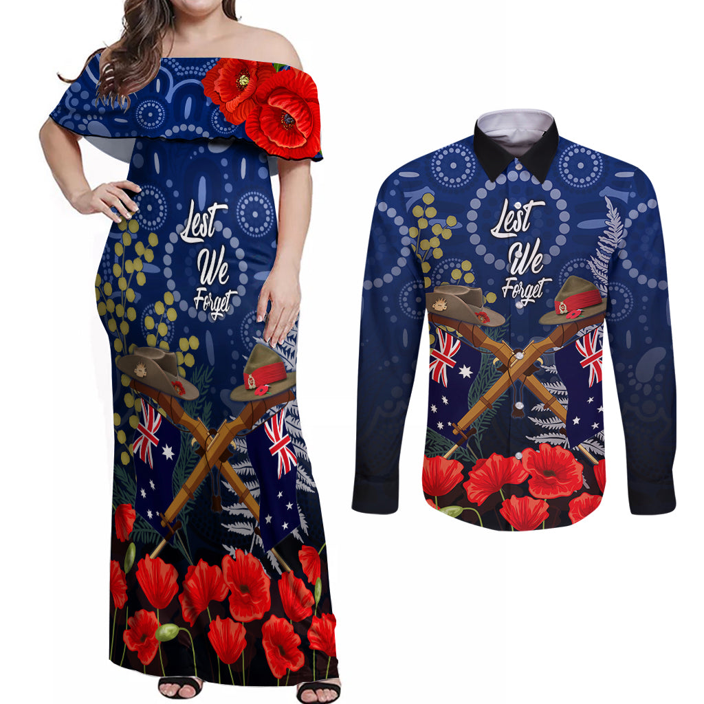 Anzac Couples Matching Off Shoulder Maxi Dress and Long Sleeve Button Shirt Ausralia Aboriginal Mix New Zealand Slouch Hats LT7 Blue - Polynesian Pride