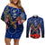 Anzac Couples Matching Off Shoulder Short Dress and Long Sleeve Button Shirt Ausralia Aboriginal Mix New Zealand Slouch Hats LT7 Blue - Polynesian Pride