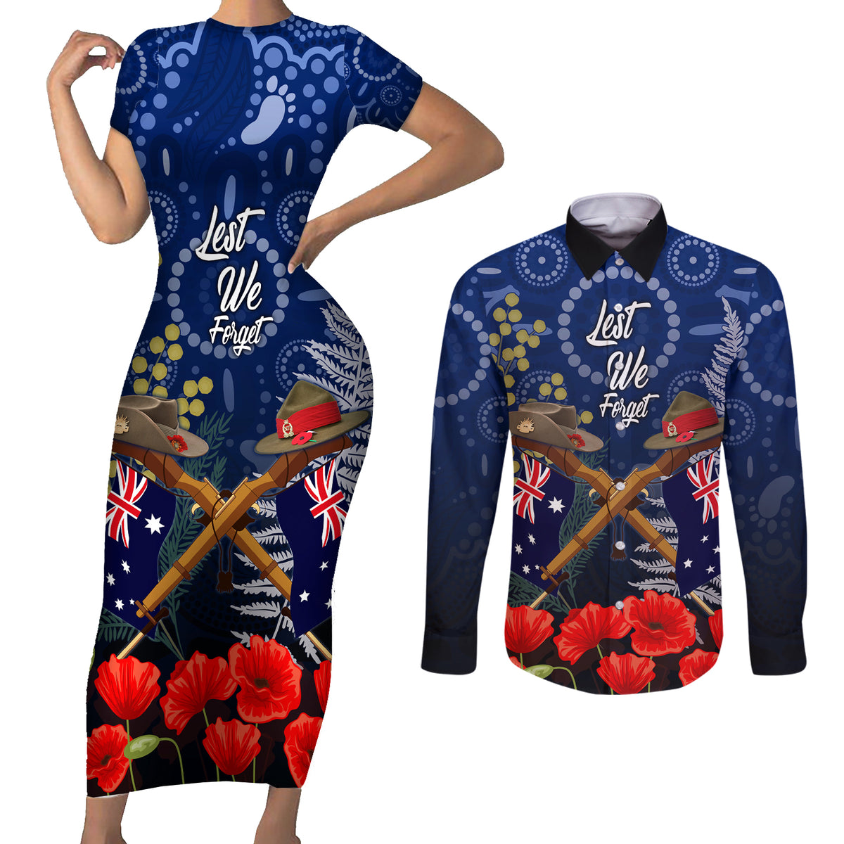 Anzac Couples Matching Short Sleeve Bodycon Dress and Long Sleeve Button Shirt Ausralia Aboriginal Mix New Zealand Slouch Hats LT7 Blue - Polynesian Pride