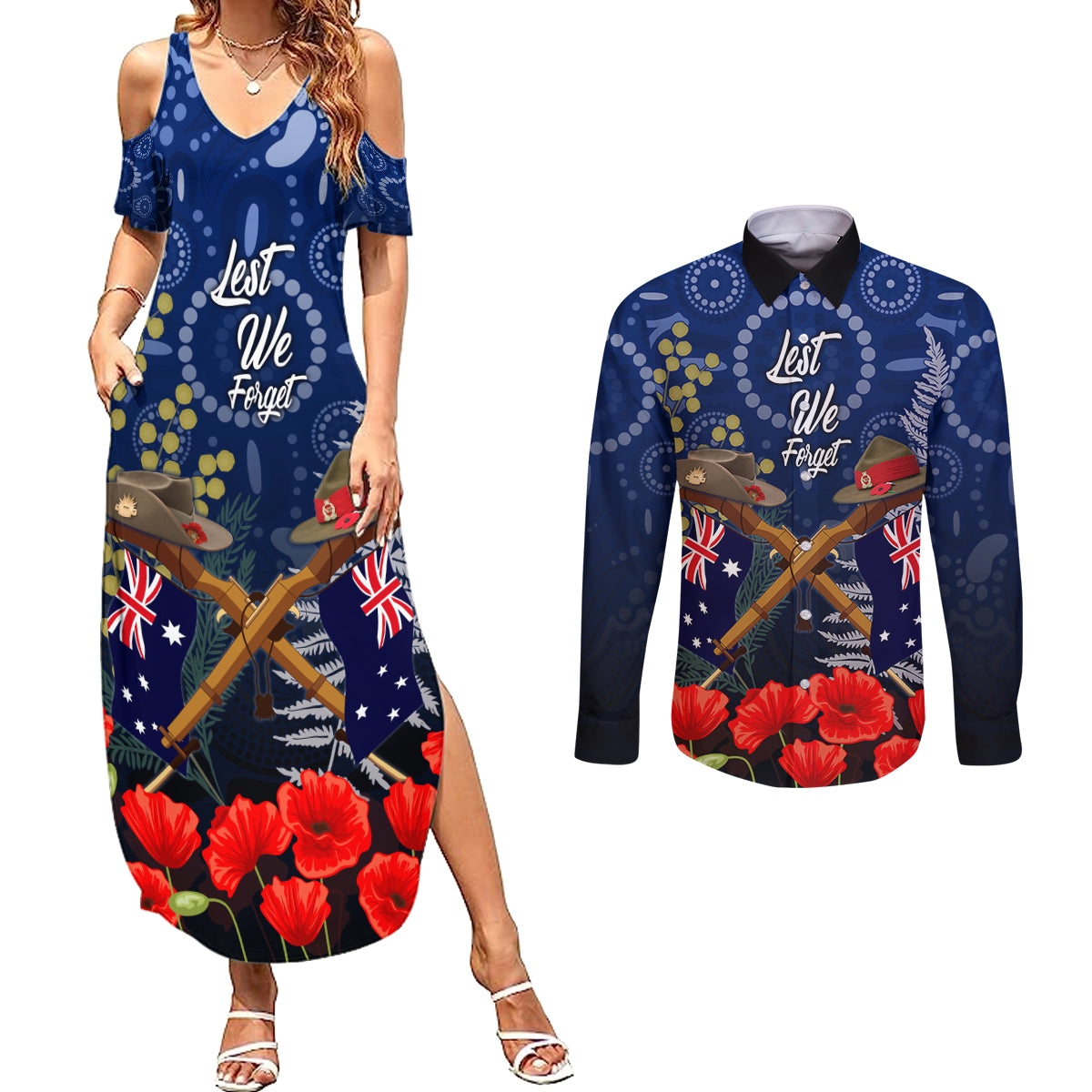 Anzac Couples Matching Summer Maxi Dress and Long Sleeve Button Shirt Ausralia Aboriginal Mix New Zealand Slouch Hats LT7 Blue - Polynesian Pride