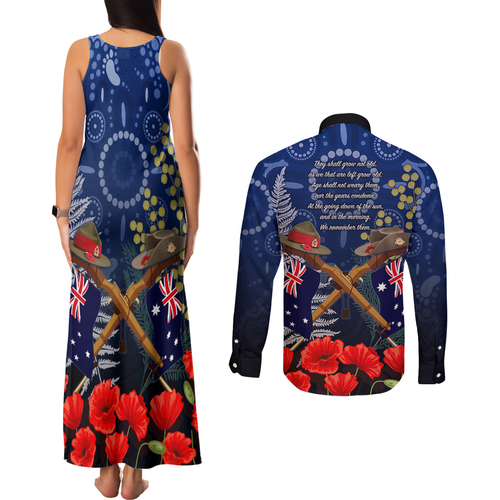 Anzac Couples Matching Tank Maxi Dress and Long Sleeve Button Shirt Ausralia Aboriginal Mix New Zealand Slouch Hats LT7 - Polynesian Pride