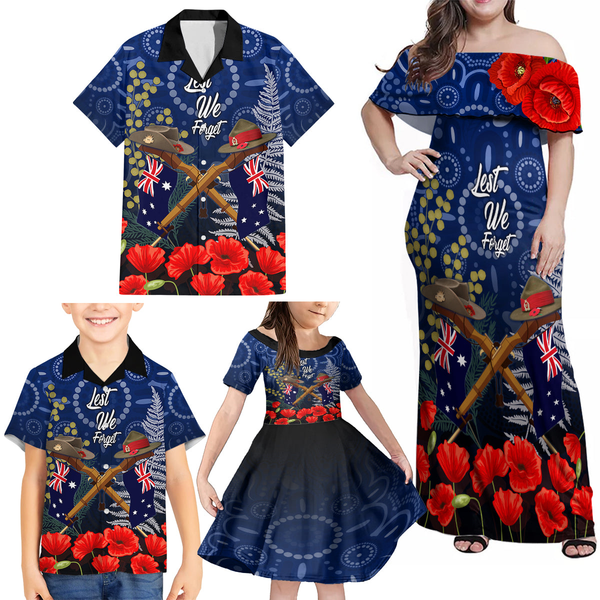 Anzac Family Matching Off Shoulder Maxi Dress and Hawaiian Shirt Ausralia Aboriginal Mix New Zealand Slouch Hats LT7 - Polynesian Pride