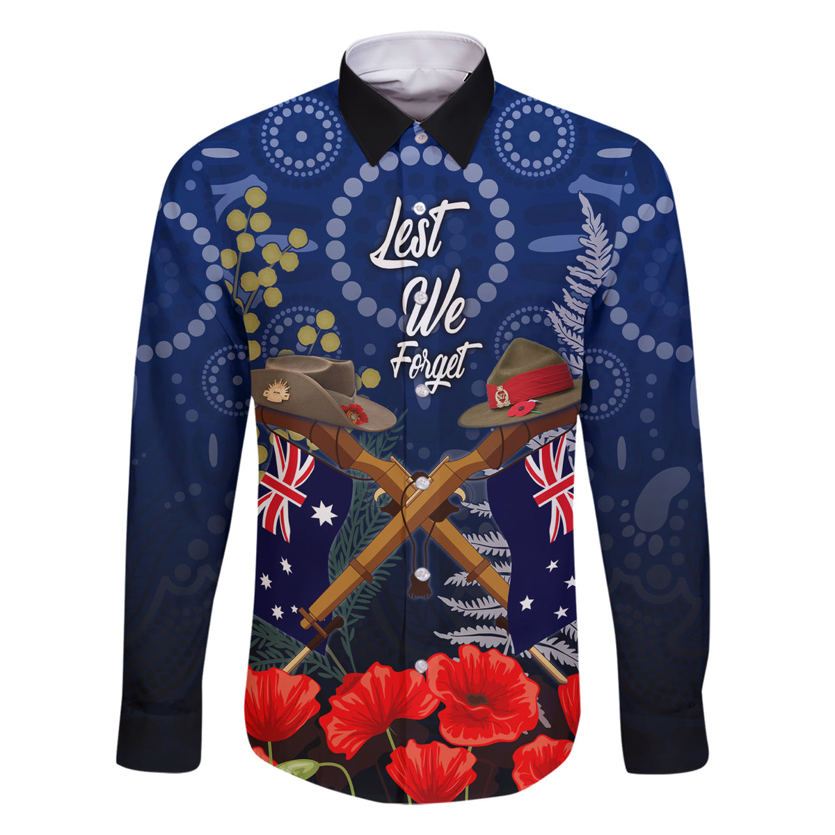Anzac Family Matching Short Sleeve Bodycon Dress and Hawaiian Shirt Ausralia Aboriginal Mix New Zealand Slouch Hats LT7 Dad's Shirt - Long Sleeve Blue - Polynesian Pride